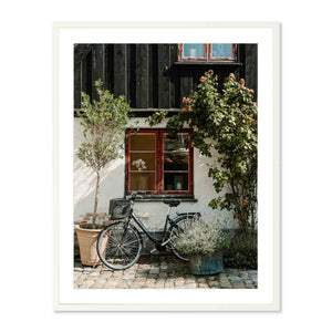 Framed photograph of Bicycle parked in front of a building with plants and a window.